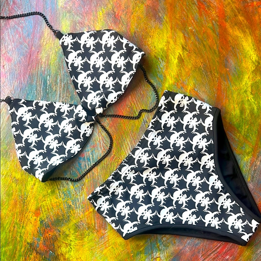 Toxic Scull Print Swimsuit Black & White High Rise Bikini Chains Zombie